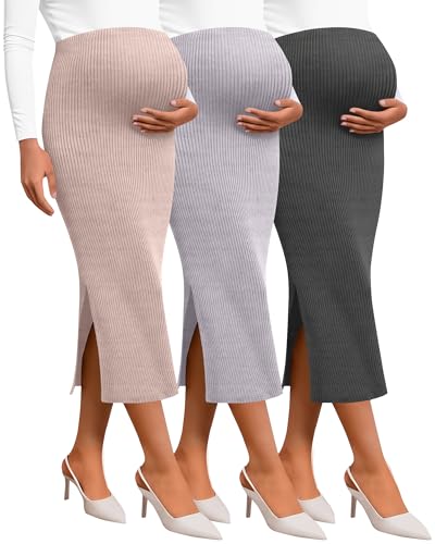 Neer 3 Pack Women's Maternity Skirts, Split Midi High Waist Ribbed Knit Solid Stretchy Pregnancy Pencil Long Skirt Clothes(Light Pink, Light Purple, Dark Gray,XX-Large)