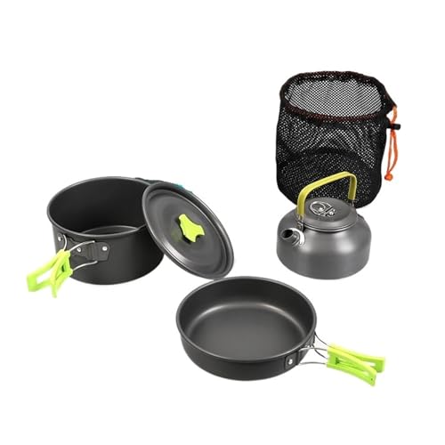 キャンプ用調理器具キット アルミ製 アウトドア ポータブル クッキングセット 鍋 フライパン ケトル 食器 ハイキング ピクニック 3点(Green)