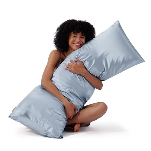 Image of Bedsure Body Pillow Cover 20x54 Inches - Stone Blue Satin Similar to Silk Pillowcase for Hair and Skin, Cooling and Silky Long Body Pillow Pillowcase with Envelope Closure, Gifts for Women Men