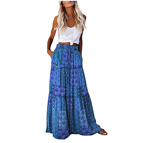 Long Skirt for Women UK - Ladies Bohemian Print Maxi Skirts Casual Boho Style Elasticated High Waist A Line Skirts with Pocket Summer Spring Beach Holiday Vacation,Dark Blue,XL,u354k