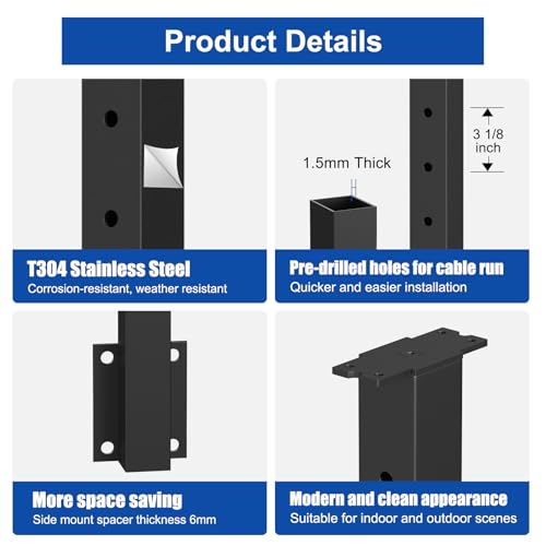 Image of BLIKA 36 inch Side Mount Cable Railing Posts, Stainless Steel, Level Drilled Side Fascia Mount Deck Post for Cable Railing Kit, Black Powder Coated Side Mount Line Posts