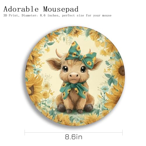 Image of Gctriki Highland Cow Mouse Pad for Desk, Funny Round Mousepad for Laptop Gaming Stitched Edge Non-Slip Rubber Base, Cute Sunflower Bow Highland Cow Decor Gifts Office Desk Accessories for Women