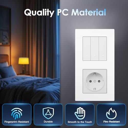 BSEED Normal Steckdose mit Smart Lichtschalter(Neutralleiter Erforderlich), Wlan Schalter Unterputz Kompatibel mit Alexa und Google Home, Taster Schalter 4 Fach 1 Weg mit PC Rahmen, Wei&szlig;