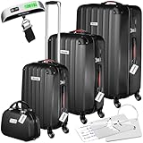 TecTake® Juego de 4 Maletas Rígidas con Báscula y Etiquetas de Equipaje, 3 Trolleys y 1 Neceser, Set de Maletas de Viaje con Ruedas de 360º, Cerradura de Combinación, Apilables Entre sí - Negro