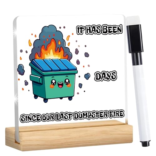 Funny Dumpster Fire Desk Accessories – Writable Acrylic Office Decor with Wooden Base, 3.9 x 3.9 Inch Novelty Gift for Coworker,Boss,Men,Women
