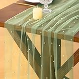 Socomi Pearl Table Runner Tulle Spring Easter Cheesecloth 10FT Gauze Dining Wedding Birthday Party Baby Shower Anniversary Holiday Centerpiece Table Decor 3pcs Sage Green