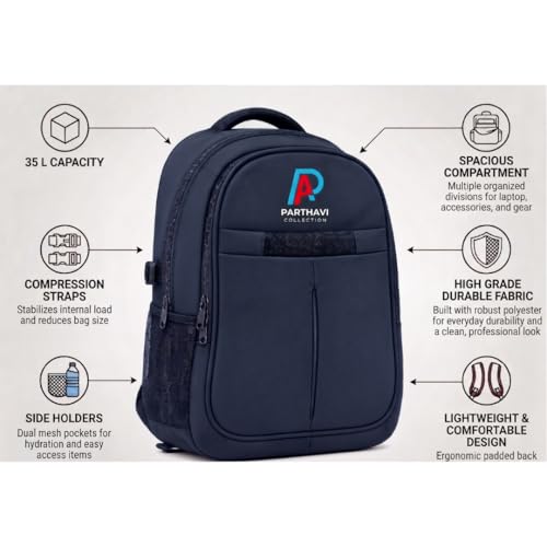 Image of Laptop Backpack for Men & Women | Durable Polyester Office, College & School Backpack | Lightweight Travel Bag with Spacious Compartments, Side Pockets & Compression Straps |