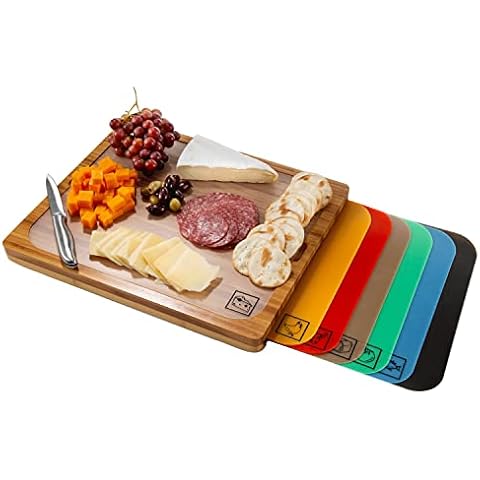 Seville Classics Bamboo Cutting Board with 7 Colour Coded Chopping Mats Cover