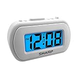 SHARP Digital Alarm Clock – Tactile Case with Soft Rubberized Finish - Battery Operated – Blue Backlight on Demand – Ascending Alarm – Easy to Use - White