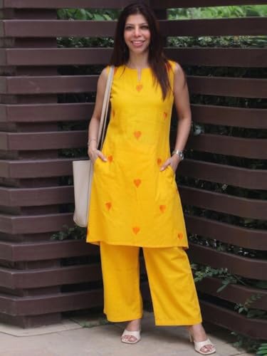 Image of ANNI Designer Kurta Set for Women Cotton Blend Embroidered | Kurti Set for Woman | Farshi Salwar Suit Kurta Palazzo Outfit | Round Neck V Slit Sleeveless Regular Fit Ethnic Dress Stylish Clothing
