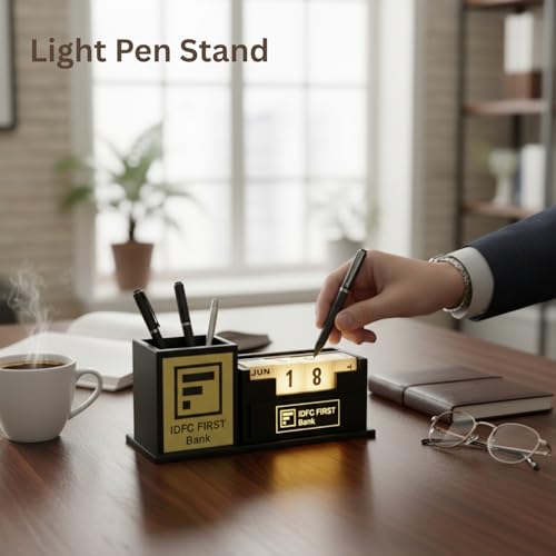 Image of Personalized Gold Pen Stand With Name, Table Watch, Calendar, Stationery & Wooden Desk Organizer - Custom Corporate Gift For Doctors, Office, Study, New Year Gift For Employees (Light Pen Stand)