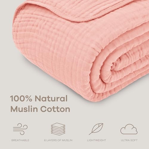 Image of Comfy Cubs Muslin Throw Blanket - 50 inch x 60 inch Quilted Design - Lightweight, Breathable 6-Layer Gauze Fabric - Soft Cotton Blanket for Home or Travel - Packaged in Elegant Gift Box - Bold Blush