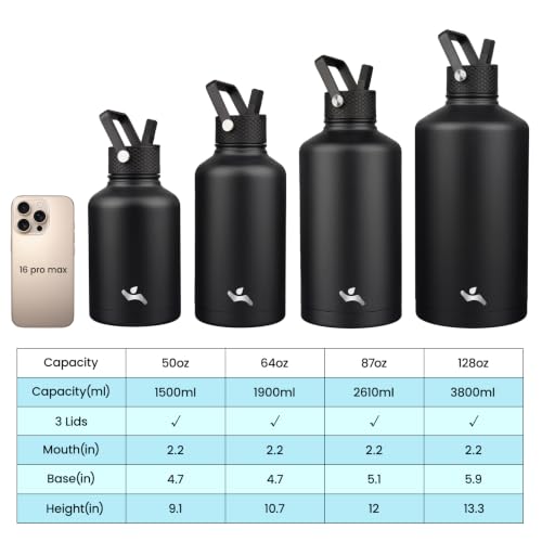 Image of Konokyo Half Gallon Insulated Water Bottle with Straw,64 oz 3 Lids Water Jug with Carrying Bag,Paracord Handle,Double Wall Vacuum Stainless Steel Metal Flask,Black