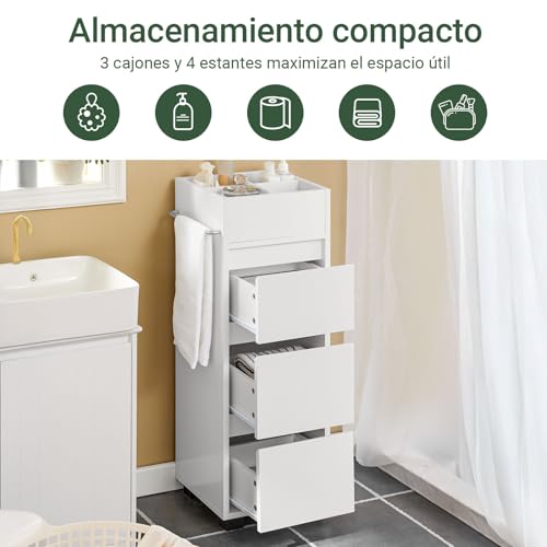 SoBuy Mueble Baño Estrecho– Armario Estrecho con 3 Cajones, 4 Compartimentos, Toallero – Cajonera Baño compacta Adecuada para Espacios reducidos Blanco, 30x90x30 cm, BZR29-W - imagen 4
