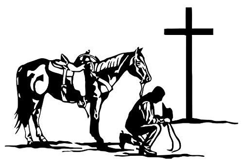 Cowboy Praying Horse Cross - Sticker Graphic - Auto, Wall, Laptop, Cell, Truck Sticker for Windows, Cars, Trucks