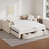 Flieks Upholstered Daybed with Trundle, Convertible Twin to King Size Sofa Bed, Chenille Fabric, Storage Drawers, No Box Spring Needed, for Living Room Guest Room,Beige