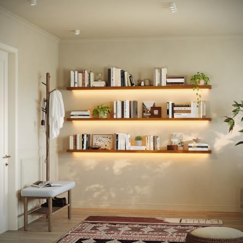 Image of ROGMARS 60 Inches Long Walnut Floating Shelves with Led Light | Rustic Solid Wood Farmhouse Wall Shelves with Invisible Brackets for Bedroom, Living Room, Kitchen, Bathroom Set of 3