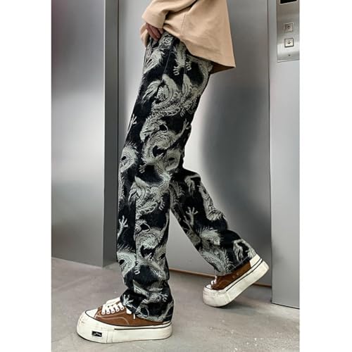 Mens Trendy Dragon Print Jeans Vintage Straight Leg Distressed Denim Pants 28-404