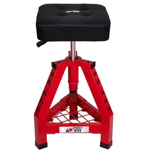Image of Adjustable Shop Stool,Garage Mechanic Stool Chair,Work Seat for Workshop, Adjustable Height, 360 Swivel Padded Square Seat,Tool Storage, 350 LBS Capacity, Heavy Duty, Red