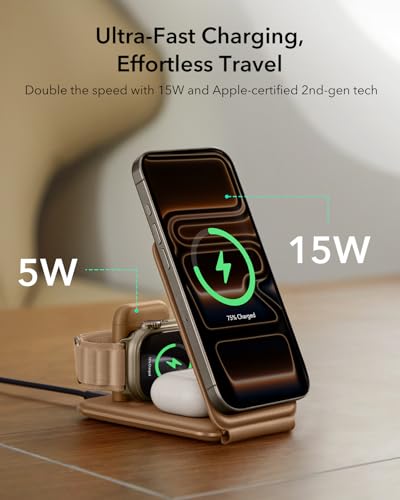 Image of ESR 3 in 1 Charging Station for Apple, [Certified] Apple Watch Charger & 15W MagSafe Charger Stand for iPhone, Travel Charger for Multiple Devices, iPhone 17-12, Watch & AirPods, Brown
