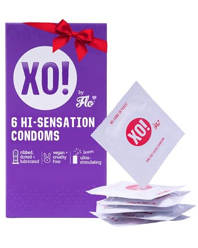 XO! Hi-Sensation Condoms, Natural Feel Ribbed and Dotted Latex Condoms, Smooth & Unscented, Eco-friendly & Extra-Safe - Pack of 6