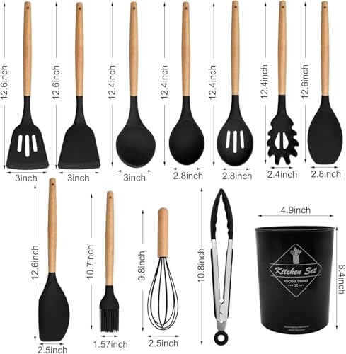 Image of Silicone Cooking Utensils Kitchen Utensil Set, 12 PCS Wooden Handle Nontoxic Silicone Spoon Spatula Turner Tongs Kitchen Gadgets Utensil Set for Nonstick Cookware with Holder (Multicolor)