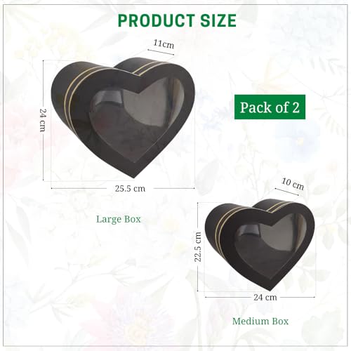 Image of Oasis Pack of 2 Italic Heart Shaped Gift & Flower Hamper Boxes With Clear Lid | Classic Bouquet Box for Flower Arrangements & Gift Hampers | Decorative Gift Packaging Box - Midnight Black Heart