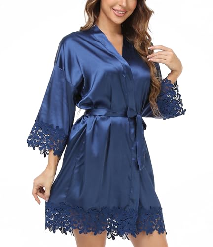 Crystal Dew 2 Pcs Mother of the Bride Groom Robe with Lace Trim Embroidery Bridal Satin Kimono Robes for Wedding Day