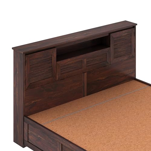 Image of Ganpati Arts Maharaja Groove Solid Sheesham Wood Queen Size Bed with Hydraulic Box and Headboard Storage Wooden Double Bed Cot Palang Furniture for Bedroom Living Room Home (Walnut Finish)