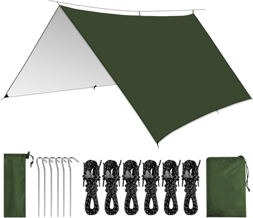 KOIUEYW Tarp Wasserdicht 3x3/3x4/3x5M, Camping Tarp Ultraleicht Zeltplane Wasserdicht, Anti-UV Schnee Regen Zeltplane mit Ösen für Camping, Picknick, Wandern, Hängematte, Outdoor Aktivitäten - Grün