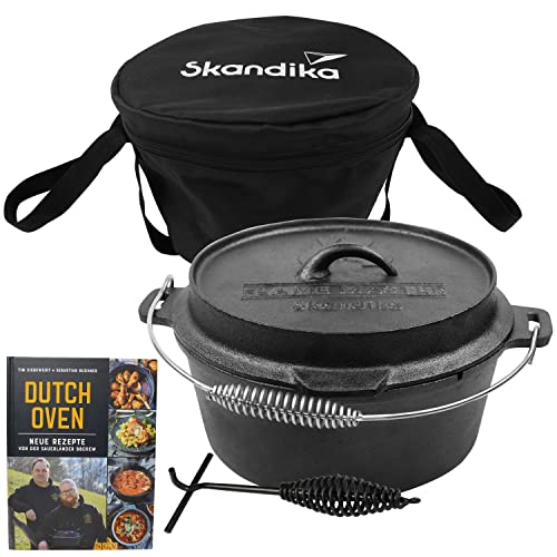 Skandika Dutch Oven 13,7 L | Horno holandés, Olla de hierro fundido, ya quemado, sin pies, elevador...