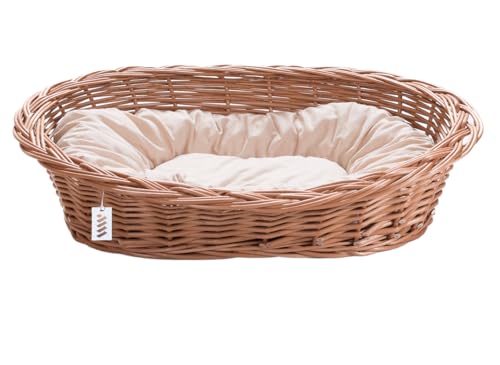 Wiklinowy Świat - Katzenbett Weidenkorb Hundebett, Weidenbett für Haustiere - Natürlich warm, atmungsaktiv und stilvoll - Verschiedene Größen 66x47x15cm - helles cremefarbenes Kissen