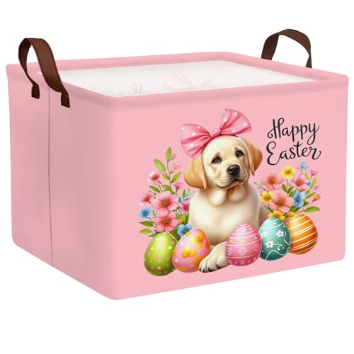 Image of Large Cute Easter Basket for Kid Empty Gift Baby Rectangle Storage Bin Bunny Eggs Boy&Girl Room Decor (Pink Dog)