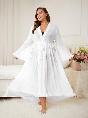 OYOANGLE Women's Plus Size Sheer Ruffle Trim Long Sleeve Belted Robe Bride Wedding Party Long Bathrobe4