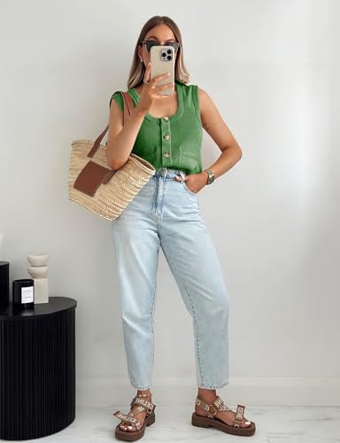 Image of Yousify Womens Sweater Vest Summer Ribbed Tank Tops Sleeveless Button Down Shirts Scoop Neck Top for Women