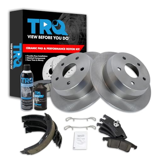 Image of TRQ Rear Brake Pad & Rotor Kit, with Chemical Kit Parking Brake Shoe Set Ceramic Compatible with 1999-2004 Jeep Grand Cherokee
