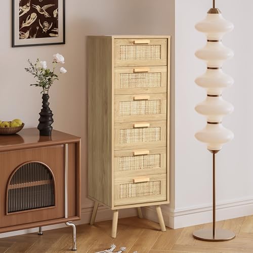 Image of Finnhomy Rattan Dresser for Bedroom, Tall Dresser with 6 Hand Made Rattan Decorated Drawers, Small Chest of Drawers for Living Room, Closet, Hallway, Natural