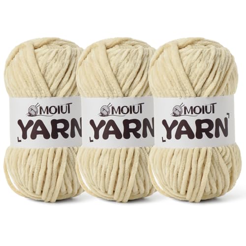 Image of 3 Pack Fluffy Chenille Yarn for Crocheting, Chunky Velvet Yarns for Crochet Amigurumi, Baby Yarn for Crocheting Soft Blanket, 262.4yds /10.5 oz Bulky Yarns for Crafts /Hats /Shoes /Socks (3 Beige)
