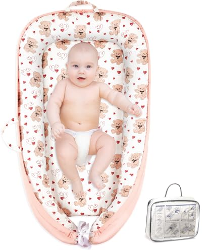 Image of Portable Baby Lounger for Supervised Play and Rest, Soft Breathable Infant Mat for Tummy Time, Home, Travel, Baby Gifts- Bear