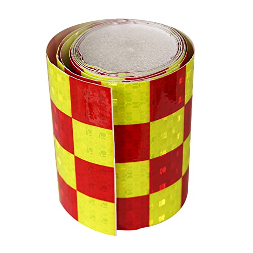 tuyrchu Reflective Tape Fluorescent Yellow Red 4 inch X 10 FT, Checker Reflector Tape Self-Adhesive Waterproof Outdoor Reflector, High-Strength High-Visibility Hazard Warning