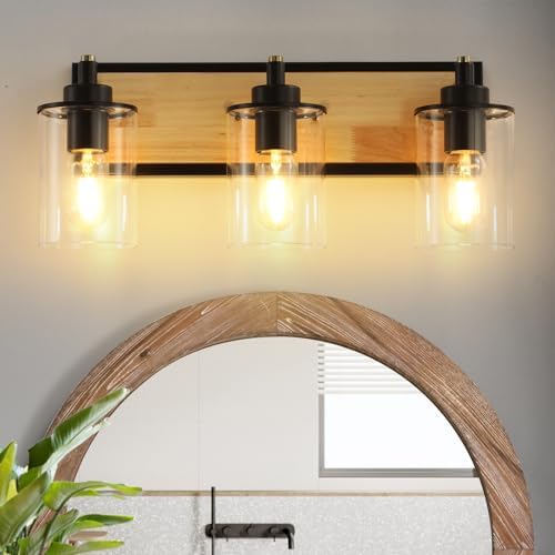 TUUANA 3Light Farmhouse Vanity Light Fixture, Rustic Wood Bathroom