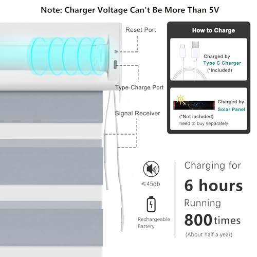 Image of Changshade Smart Zebra Blinds Motorized Shades Remote Control for Indoor Windows, Custom Size Electric Solar Panel Power Automatic Work with Alexa, Google Home, Apple Homekit, Blackout, Dark Grey