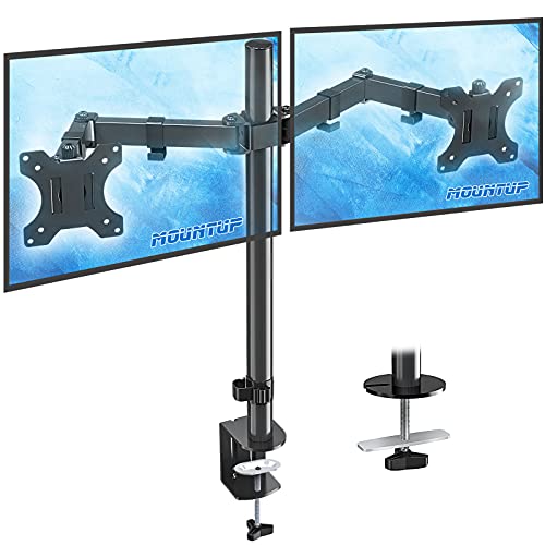 MOUNTUP Dual Monitor Desk Mount Stand, Full Motion Computer Monitor Arm Mount for 2 LCD Screens up to 27 Inch, Dual Monitor Stand with C-Clamp and Grommet Base MU0002
