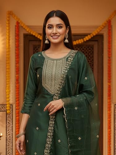 Image of INDO ERA Women's Silk Blend Floral Embroidered Thread Work Kurta & Pant with Dupatta Set