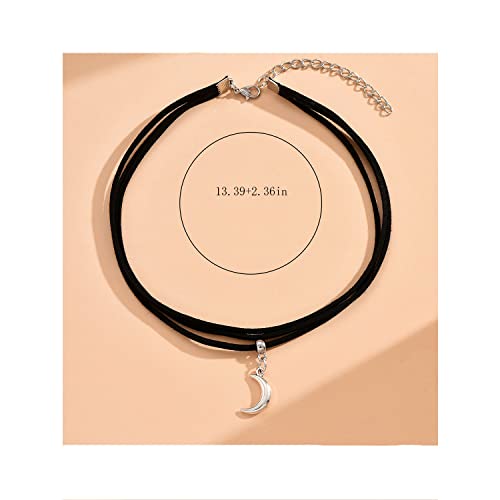 Black Velvet Moon Choker Necklace for Women Gothic Layered Necklaces Pendant Handmade Boho Crescent2