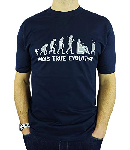 My Generation Gifts Mans True Evolution - Beber Cerveza Divertida del Regalo de cumpleaños/Presente para Hombre de la Camiseta Azul Marino L