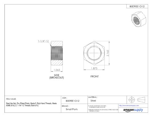 Small Parts 126Nf5 Steel Hex Nut, Zinc Plated Finish, Grade 5, Asme B18.2.2, 1-1/4"-12 Thread Size, 1-7/8" Width Across Flats, 1-1/16" Thick (Pack Of 5) #TOP1