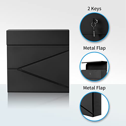 Image of Wall-Mount Mailbox for House Outside, Security Key Drop Box with Lock and Keys, Locking Postbox, Steel Metal Rust-Proof Mail Box, 11.02 x 11.02 x 4.33 Inch, Black, MD021