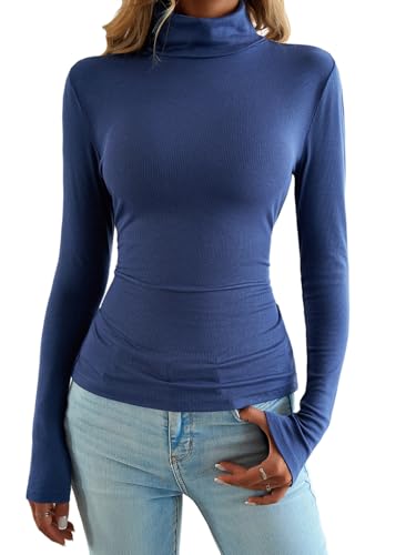 Image of Melliflo Womens Long Sleeve Mock Neck Striped Shirt Casual Cute Color Block Knit Tops Trendy Fall Fitted Basic Outfits