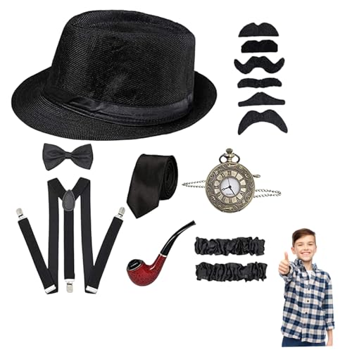 Hperu Disfraz de gángster para niños de los años 20, incluye sombrero Fedora, corbata, lazo, tirantes, reloj de bolsillo para niños, bailes, fiestas, disfraces, sombreros Fedora para